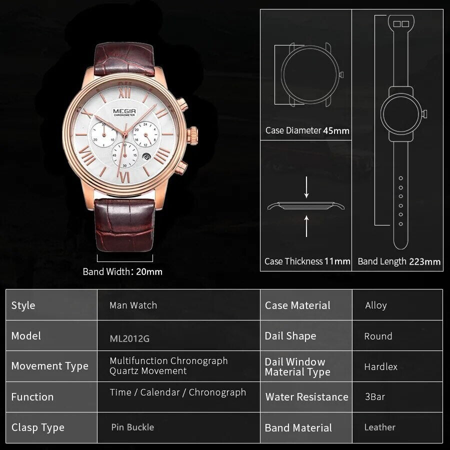 MEGIR 2012 men's chronograph watch parameters graphic with case diameter, thickness and band length