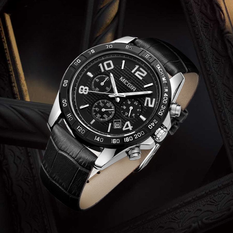 MEGIR 2014 men's chronograph watch, silver case with black dial and black leather strap, angled view