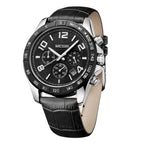 MEGIR 2014 men's chronograph watch, silver case with black dial and black leather strap, three-quarter view
