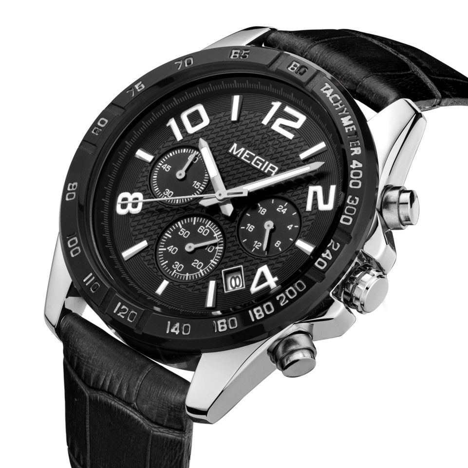 MEGIR 2014 men's chronograph watch, silver case with black dial and black leather strap, side angle view
