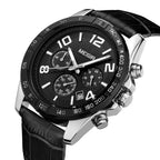 MEGIR 2014 men's chronograph watch, silver case with black dial and black leather strap, side angle view