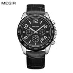 MEGIR 2014 men's chronograph watch, silver case with black dial, tachymeter bezel and black leather strap, front view