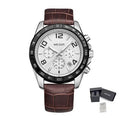 MEGIR 2014 men's chronograph watch, silver case with white dial, tachymeter bezel and brown leather strap, with gift box