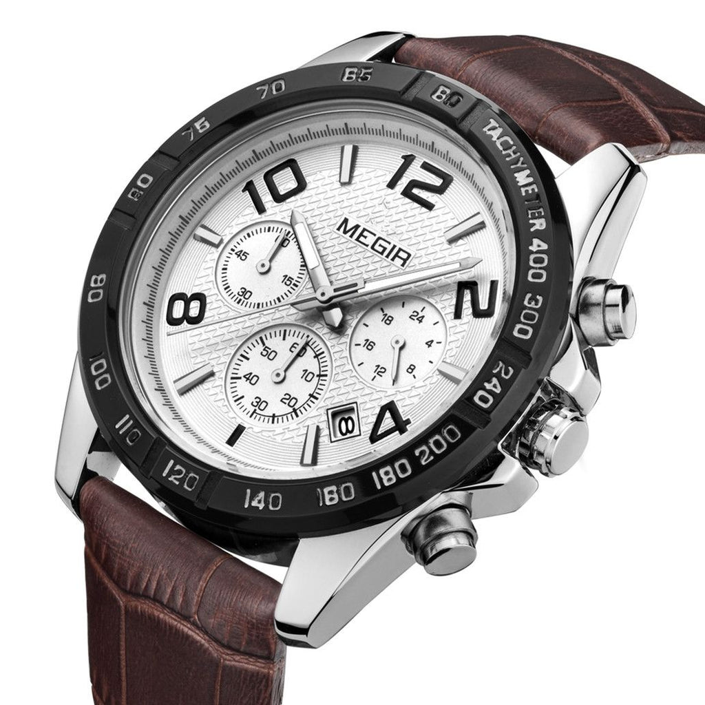 MEGIR 2014 men's chronograph watch, silver case with white dial and brown leather strap, three-quarter view