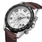 MEGIR 2014 men's chronograph watch, silver case with white dial and brown leather strap, three-quarter view