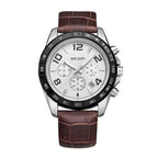 MEGIR 2014 men's chronograph watch, silver case with white dial and brown leather strap, front view