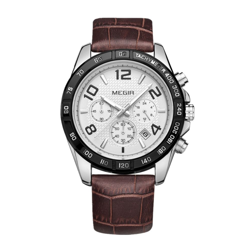 MEGIR 2014 men's chronograph watch, silver case with white dial and brown leather strap, front view