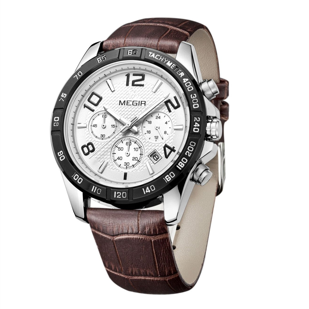MEGIR 2014 men's chronograph watch, silver case with white dial and brown leather strap, angled view