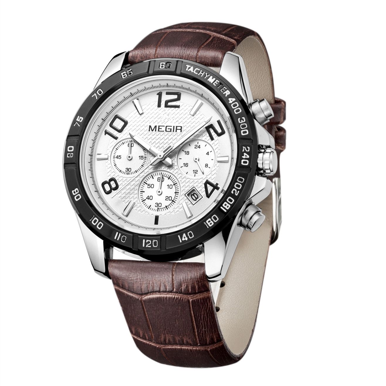 MEGIR 2014 men's chronograph watch, silver case with white dial and brown leather strap, angled view