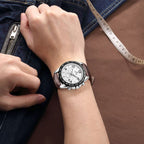 MEGIR 2014 men's chronograph watch on the wrist, silver case with white dial and brown leather strap