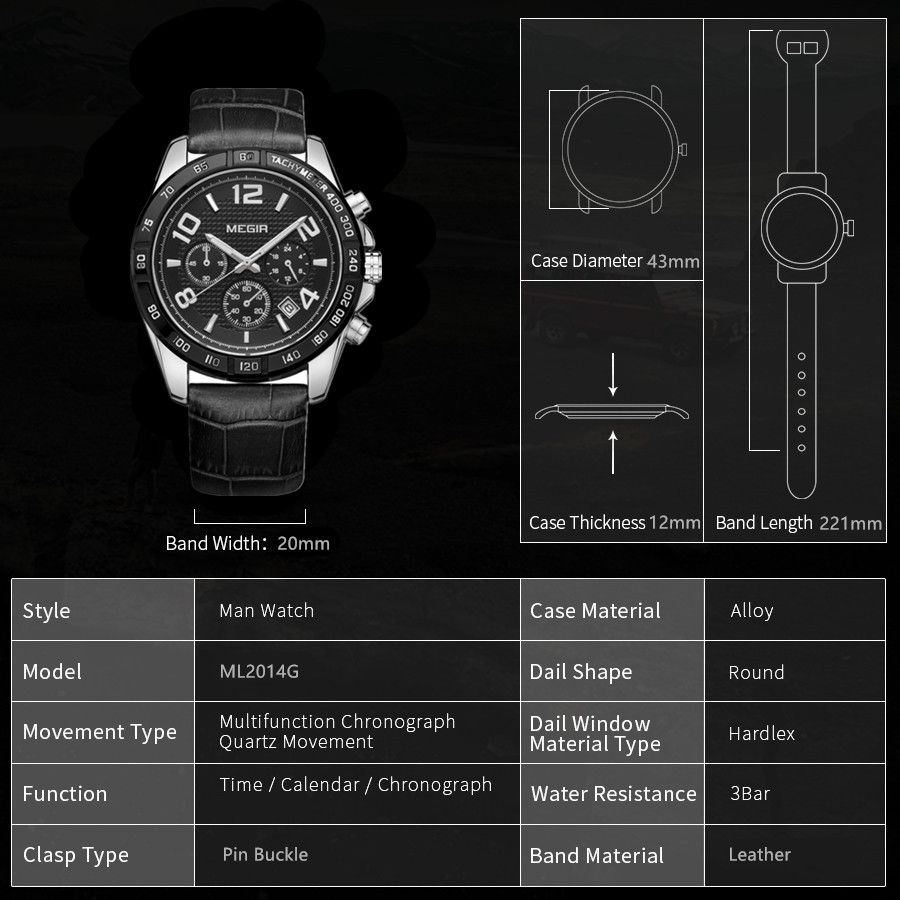 MEGIR 2014 men's chronograph watch parameters graphic with case diameter, thickness and band length