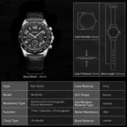 MEGIR 2014 men's chronograph watch parameters graphic with case diameter, thickness and band length
