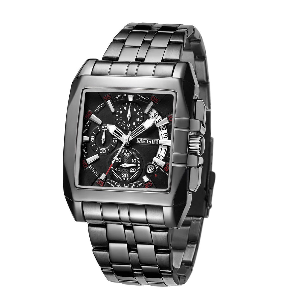 MEGIR 2018 men's chronograph watch, all-black rectangular case with black dial and steel bracelet, angled view