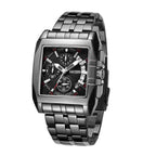 MEGIR 2018 men's chronograph watch, all-black rectangular case with black dial and steel bracelet, angled view