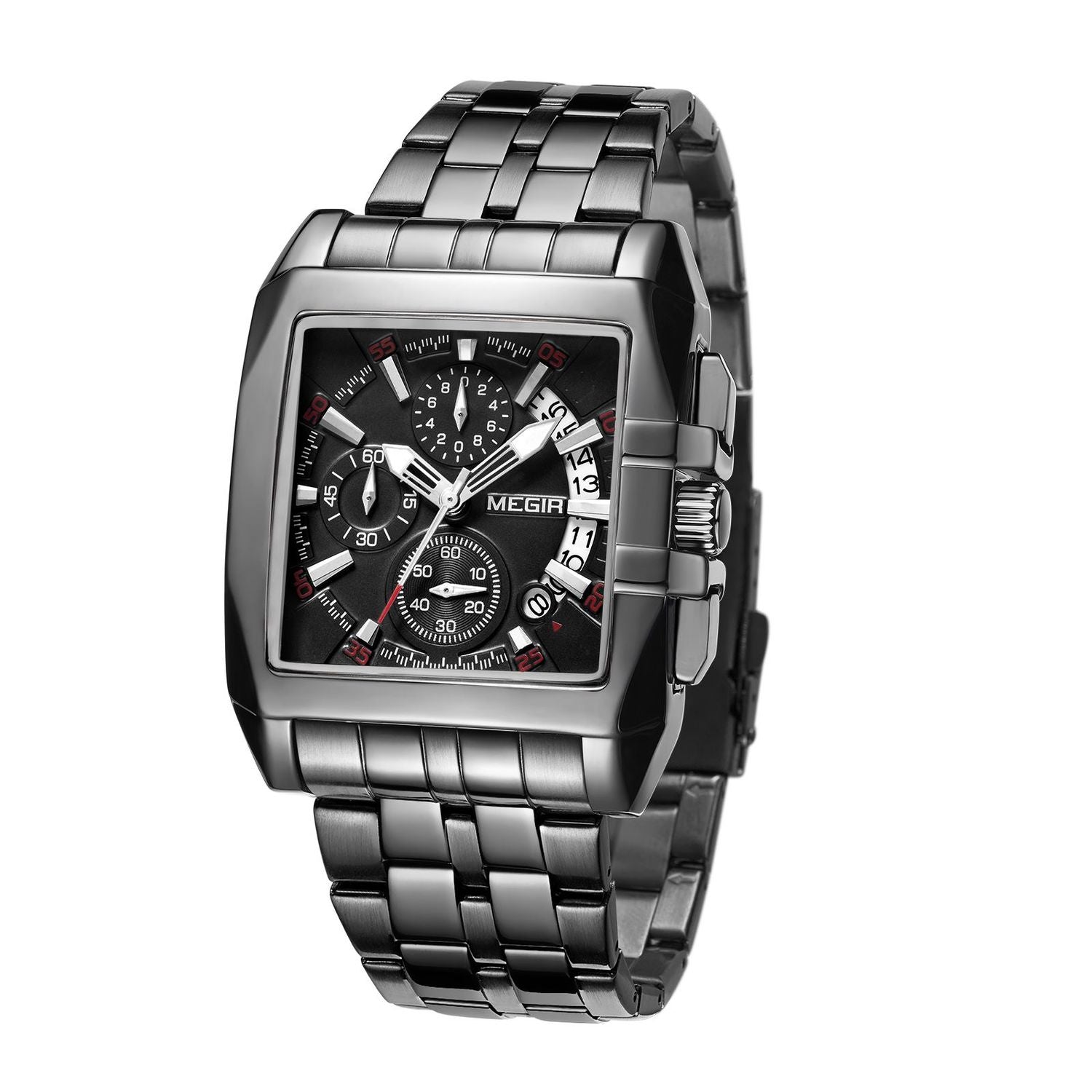 MEGIR 2018 men's chronograph watch, all-black rectangular case with black dial and steel bracelet, angled view
