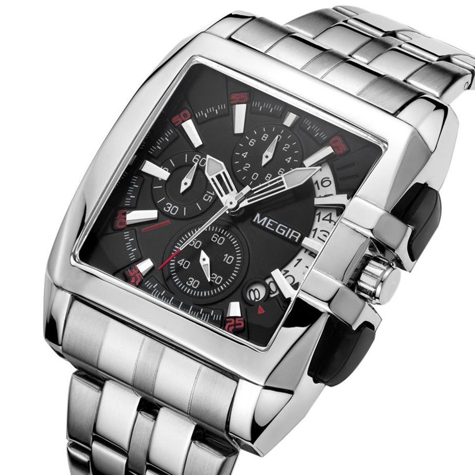 MEGIR 2018 men's chronograph watch, silver rectangular case with black dial and steel bracelet, angled view