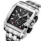 MEGIR 2018 men's chronograph watch, silver rectangular case with black dial and steel bracelet, angled view