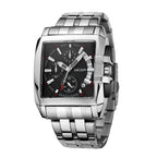 MEGIR 2018 men's chronograph watch, silver rectangular case with black dial and steel bracelet, three-quarter view