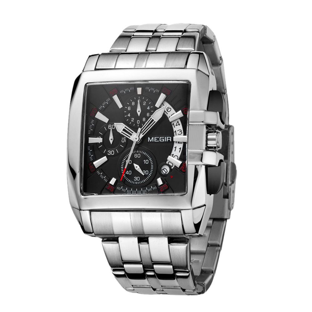MEGIR 2018 men's chronograph watch, silver rectangular case with black dial and steel bracelet, three-quarter view
