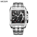 MEGIR 2018 men's chronograph watch, silver rectangular case with black dial and stainless steel bracelet, front view