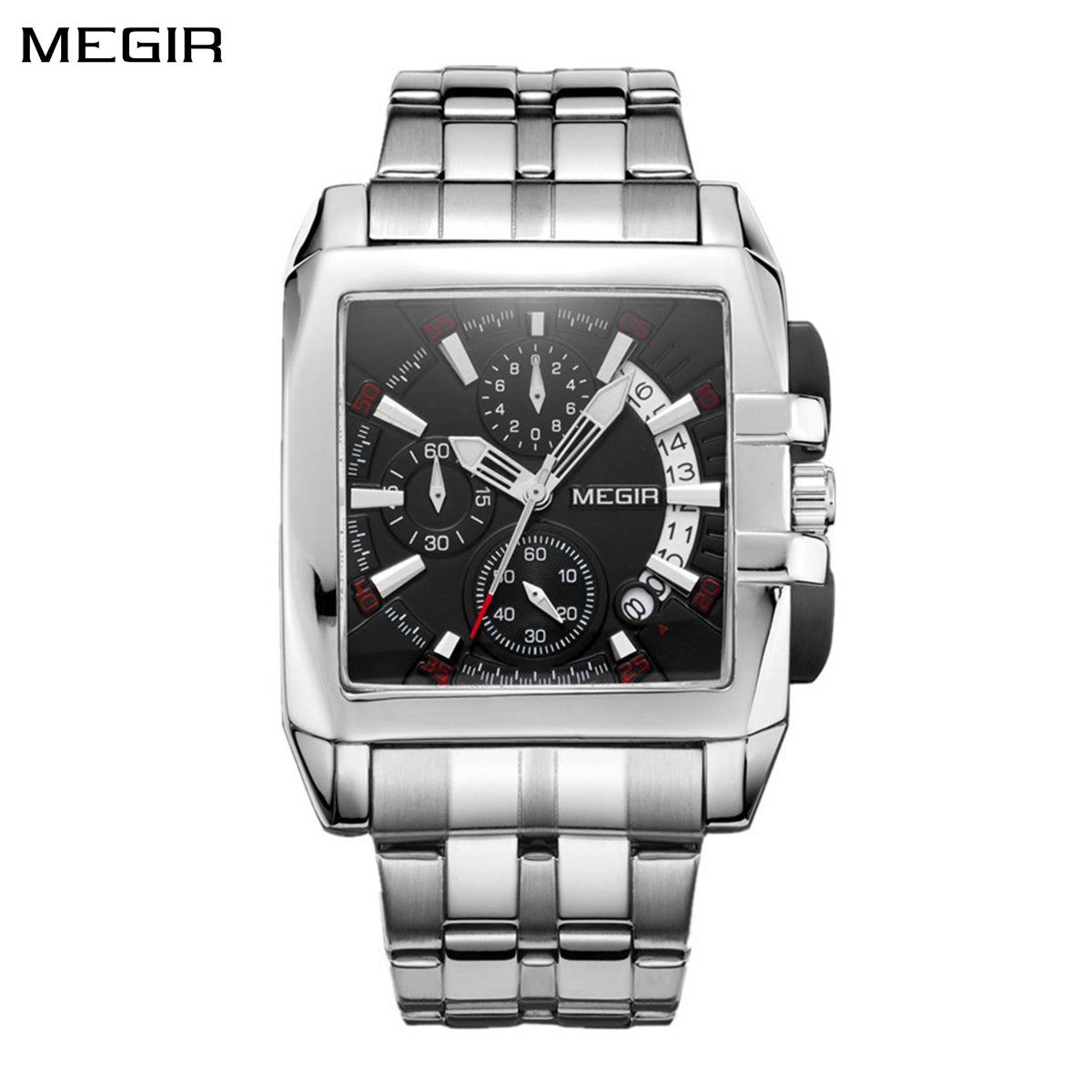 MEGIR 2018 men's chronograph watch, silver rectangular case with black dial and stainless steel bracelet, front view