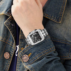 MEGIR 2018 men's chronograph watch on the wrist, silver rectangular case with black dial and steel bracelet