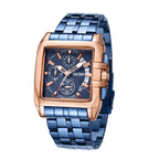 MEGIR 2018 men's chronograph watch, rose-gold case with blue dial and blue steel bracelet, angled view