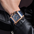 MEGIR 2018 men's chronograph watch on the wrist, rose-gold case with blue dial and blue steel bracelet