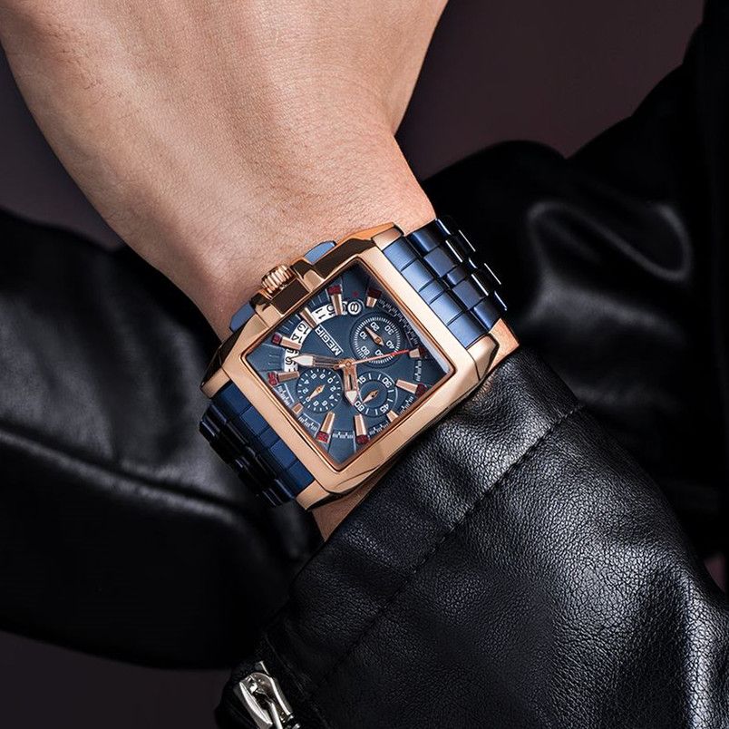 MEGIR 2018 men's chronograph watch on the wrist, rose-gold case with blue dial and blue steel bracelet