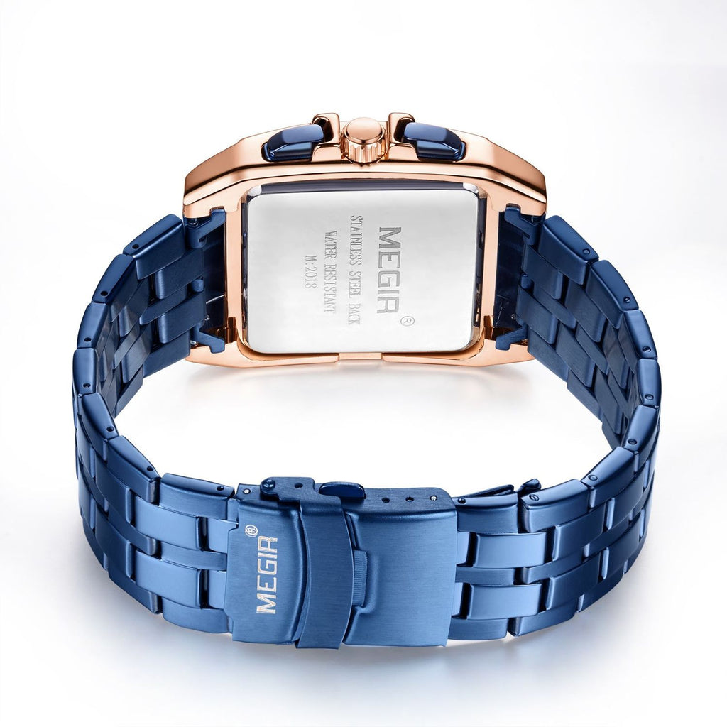 MEGIR 2018 men's chronograph watch caseback and blue steel bracelet with fold-over clasp