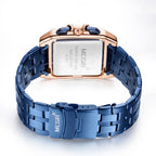 MEGIR 2018 men's chronograph watch caseback and blue steel bracelet with fold-over clasp