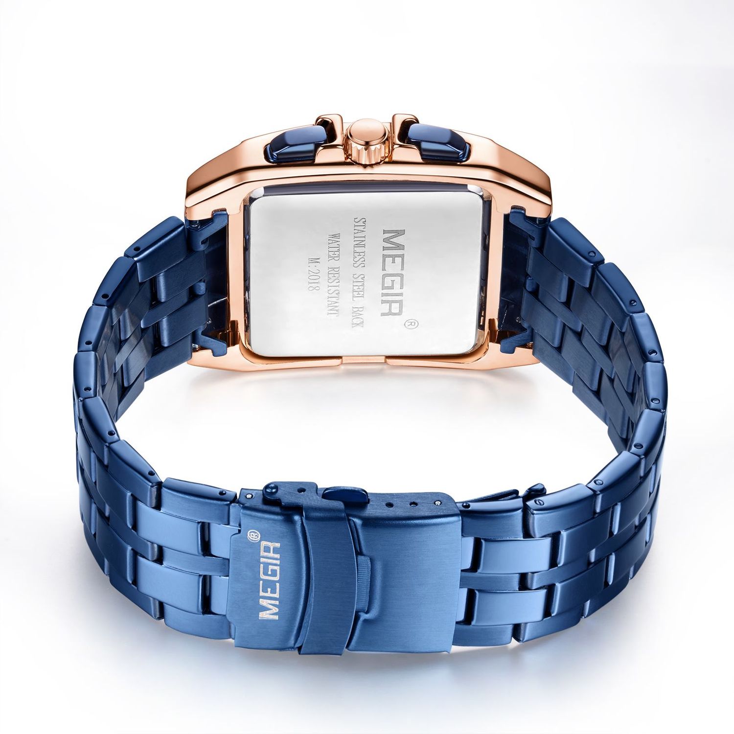 MEGIR 2018 men's chronograph watch caseback and blue steel bracelet with fold-over clasp