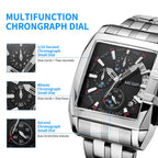 MEGIR 2018 men's chronograph watch feature graphic explaining the 1/10-second, minute and second sub-dials