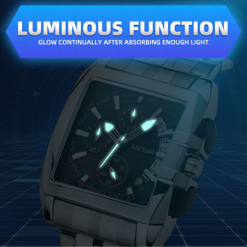 MEGIR 2018 men's chronograph watch feature graphic showing luminous hands glowing in the dark