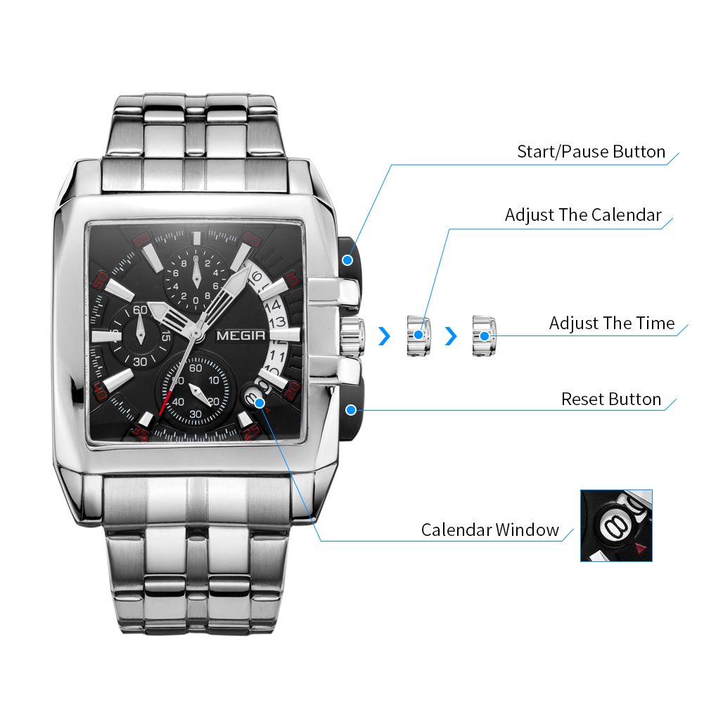MEGIR 2018 men's chronograph watch operation graphic showing the start, calendar, time and reset buttons