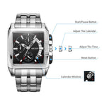 MEGIR 2018 men's chronograph watch operation graphic showing the start, calendar, time and reset buttons