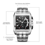 MEGIR 2018 men's chronograph watch parameters graphic with case dimensions, thickness and band length