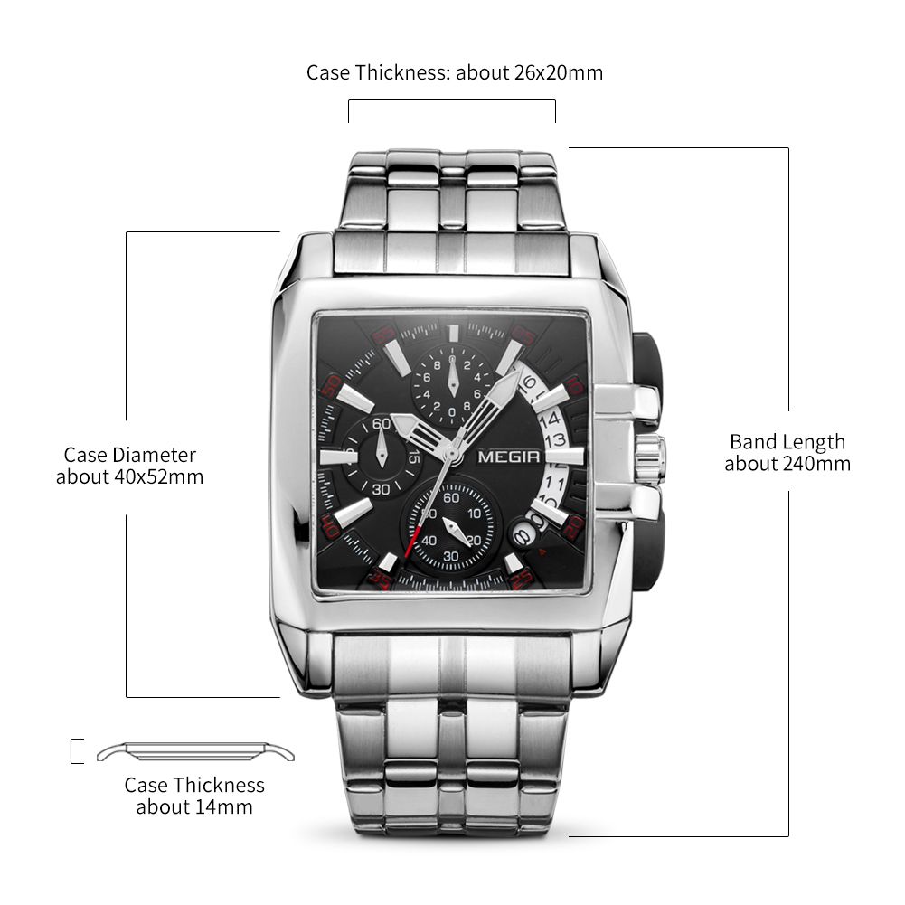 MEGIR 2018 men's chronograph watch parameters graphic with case dimensions, thickness and band length