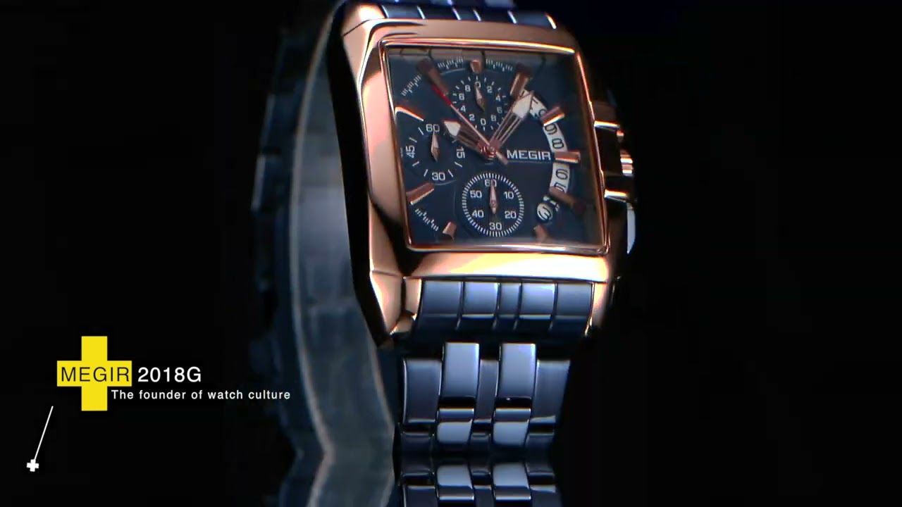 MEGIR 2018 men's chronograph watch product video thumbnail, rose-gold case with blue dial