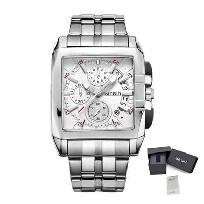 MEGIR 2018 men's chronograph watch, silver rectangular case with white dial and steel bracelet, with gift box