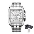 MEGIR 2018 men's chronograph watch, silver rectangular case with white dial and steel bracelet, with gift box