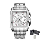MEGIR 2018 men's chronograph watch, silver rectangular case with white dial and steel bracelet, with gift box