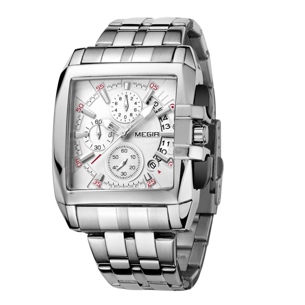 MEGIR 2018 men's chronograph watch, silver rectangular case with white dial and steel bracelet, angled view