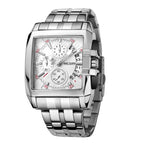 MEGIR 2018 men's chronograph watch, silver rectangular case with white dial and steel bracelet, angled view