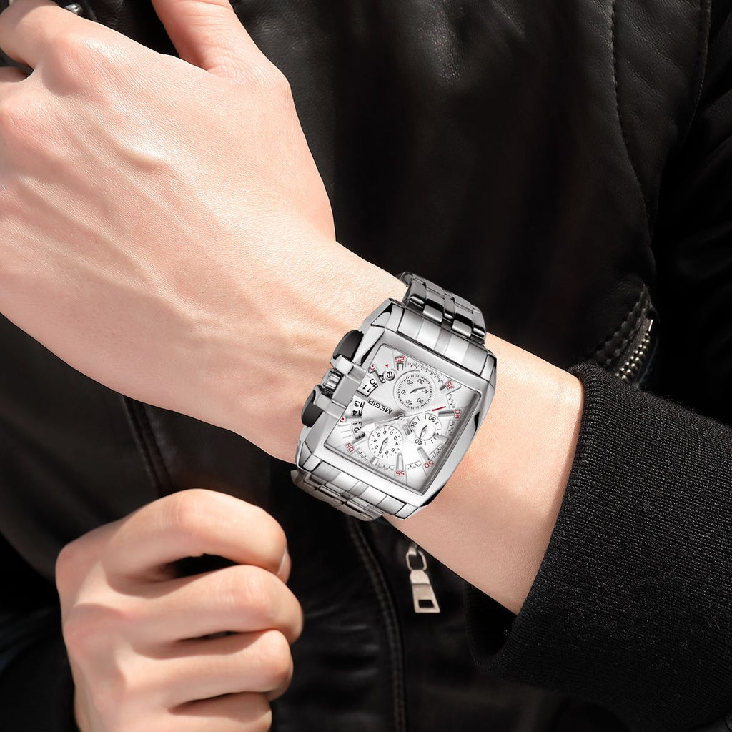 MEGIR 2018 men's chronograph watch on the wrist, silver rectangular case with white dial and steel bracelet