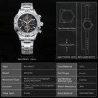 MEGIR 2019 men's chronograph watch parameters graphic with case diameter, thickness and band length