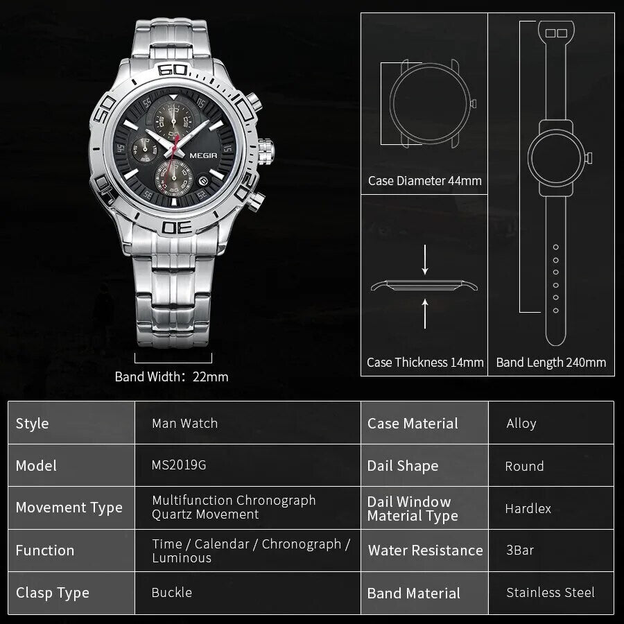 MEGIR 2019 men's chronograph watch parameters graphic with case diameter, thickness and band length