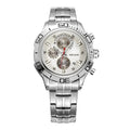 MEGIR 2019 men's chronograph watch, silver case with white dial and stainless steel bracelet, front view