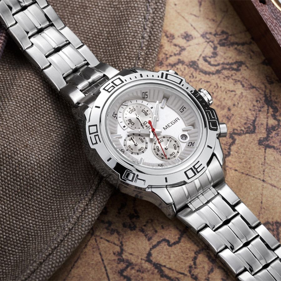MEGIR 2019 men's chronograph watch, silver case with white dial and stainless steel bracelet, three-quarter view