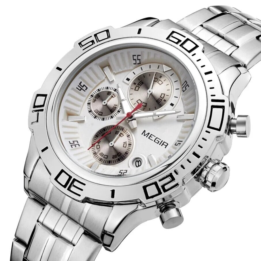 MEGIR 2019 men's chronograph watch, silver case with white dial and stainless steel bracelet, front angle view